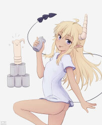 Rule 34 | 1girl, 2023, :p, absurdres, ahoge, arm at side, artist name, ass, blonde hair, bottomless, can, closed mouth, commentary, cowboy shot, dark-skinned female, dark skin, dated, dated commentary, demon girl, demon horns, demon tail, eyelashes, floating hair, hair between eyes, hand up, heart, highres, holding, holding can, horns, knee up, light blush, lilith (machikado mazoku), long hair, looking at viewer, machikado mazoku, pointy ears, purple eyes, shirt, short sleeves, sidelocks, simple background, smile, solo, standing, standing on one leg, tail, tail raised, tongue, tongue out, white background, white shirt, yunoppi