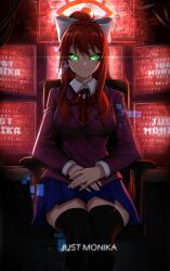Rule 34 | 1girl, absurdres, black thighhighs, blue skirt, bow, breasts, brown hair, chair, closed mouth, doki doki literature club, feet out of frame, glowing, glowing eyes, green eyes, hair bow, highres, long hair, looking at viewer, medium breasts, miniskirt, monika (doki doki literature club), monitor, multiple monitors, neck ribbon, office chair, pleated skirt, ponytail, rageman709, ribbon, school uniform, shirt, sidelocks, sitting, skirt, smile, solo, swivel chair, thighhighs, white bow, white shirt