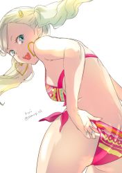 1girl, adjusting clothes, adjusting swimsuit, ass, bikini, blonde hair, blue eyes, butt crack, earrings, hair ornament, hairpin, heart, heart earrings, highres, jewelry, komugi (mugiwaraclub), leaning forward, long hair, looking at viewer, looking back, persona, persona 5, side-tie bikini, smile, solo, standing, swimsuit, takamaki anne, twintails, watermark, white background