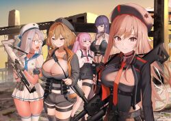 Rule 34 | 5girls, :o, absurdres, ammunition, anis (nikke), assault rifle, bandolier, belt, beret, black choker, blue neckerchief, breasts, brown hair, bullpup, choker, cleavage, commentary request, double-barreled shotgun, explosive, fingerless gloves, glasses, gloves, goddess of victory: nikke, green eyes, grenade, grenade cartridge, grenade launcher, grey hair, grin, gun, hat, highres, holding, holding gun, holding weapon, large-caliber cartridge, large breasts, long hair, looking at another, looking at viewer, mihara (nikke), military, milkor mgl, miniskirt, multiple-barrel firearm, multiple girls, neckerchief, necktie, neon (nikke), outdoors, pink hair, pleated skirt, pump-action shotgun, pump action, purple eyes, purple hair, rapi (nikke), red eyes, red necktie, revision, revolver grenade launcher, rifle, sailor collar, short hair, short shorts, shorts, shotgun, side-by-side-barreled shotgun, single fingerless glove, skirt, sky, smile, standard manufacturing dp-12, straight hair, strap, sunset, thigh strap, thighhighs, thighs, towrituka, weapon, yuni (nikke), zettai ryouiki