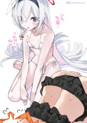 Rule 34 | 2girls, arona (blue archive), ass, barefoot, bikini, black bikini, black hairband, blue archive, blush, braid, breasts, collarbone, colored inner hair, eyes visible through hair, grey hair, hair over one eye, hairband, halo, highres, long hair, looking at another, multicolored hair, multiple girls, pink hair, plana (blue archive), side-tie bikini bottom, single braid, sitting, small breasts, super zombie, swimsuit, translation request, very long hair, wariza, white background, white bikini