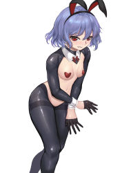 Rule 34 | absurdres, angry, animal ears, bad id, bad pixiv id, black gloves, black pantyhose, blue hair, blush, breasts, clenched teeth, commentary request, covered erect nipples, crossed arms, detached collar, embarrassed, gloves, groin, hair between eyes, half gloves, headband, heart pasties, highres, leaning forward, legs, looking at viewer, medium breasts, meme attire, midriff, navel, no wings, pantyhose, pasties, purple hair, rabbit ears, red eyes, remilia scarlet, reverse bunnysuit, reverse outfit, short hair, shrug (clothing), simple background, slit pupils, small breasts, solo, sudako (dai011305), teeth, thighs, touhou, white background
