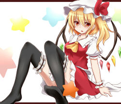 Rule 34 | 1girl, ascot, black thighhighs, blonde hair, bow, convenient censoring, convenient leg, dress, flandre scarlet, hachimi, hat, hat bow, mob cap, open mouth, puffy short sleeves, puffy sleeves, red dress, red eyes, sash, shirt, short sleeves, side ponytail, sitting, solo, star (symbol), thighhighs, thighs, touhou, wings, wrist cuffs, zettai ryouiki