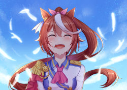 Rule 34 | 1girl, absurdres, animal ears, breasts, brown hair, closed eyes, coat, crying, falling feathers, feathers, hair ribbon, highres, horse ears, horse girl, kensei (ciid), long hair, multicolored hair, open mouth, ponytail, ribbon, solo, tearing up, tears, tokai teio (umamusume), umamusume, uniform, upper body, white feathers