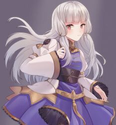 Rule 34 | 1girl, blunt bangs, closed mouth, cowboy shot, dress, fire emblem, fire emblem: three houses, fire emblem warriors: three hopes, frilled skirt, frills, gold trim, grey background, hair ornament, highres, juliet sleeves, lilshironeko, long hair, long sleeves, looking at viewer, lysithea von ordelia, nintendo, official alternate costume, official alternate hairstyle, open mouth, pink eyes, puffy sleeves, purple dress, sash, simple background, skirt, solo, white dress, white hair