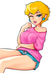 Rule 34 | blonde hair, blue eyes, breasts, collarbone, covered erect nipples, drawstring, earrings, eyeliner, feet out of frame, highres, jewelry, large breasts, lips, loodncrood, looking at viewer, makeup, mario (series), mature female, navel, nintendo, nipples, off shoulder, one eye closed, parted lips, pink shirt, princess peach, shirt, short hair, short shorts, shorts, simple background, sitting, teeth, thighs, upper teeth only, white background, wink