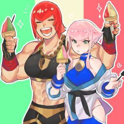 Rule 34 | 2girls, :d, blue eyes, capcom, closed eyes, dougi, fingerless gloves, food, gloves, highres, hime cut, hip vent, holding, holding food, holding ice cream, ice cream, luci omi gusu, manon legrand, marisa (street fighter), martial arts belt, midriff, multiple girls, muscular, muscular female, off shoulder, open mouth, panty straps, pink hair, red hair, short hair, sidelocks, smile, sports bra, street fighter, street fighter 6