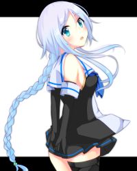 Rule 34 | 10s, 1girl, arms behind back, asymmetrical legwear, black gloves, black legwear, blue eyes, blue hair, braid, breasts, elbow gloves, from behind, gloves, highres, kantai collection, kuro-ra, long hair, looking at viewer, matching hair/eyes, medium breasts, mismatched legwear, open mouth, sailor collar, sideboob, single braid, solo, striped, striped background, transparent background, umikaze (kancolle)