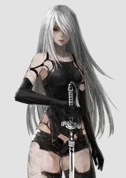 Rule 34 | 1girl, android, armlet, black gloves, black shorts, blue eyes, elbow gloves, gloves, highres, holding, holding sword, holding weapon, joints, menka, mole, mole under mouth, nier (series), nier:automata, pink lips, robot joints, short shorts, shorts, silver hair, solo, sword, tank top, thighs, weapon, a2 (nier:automata)