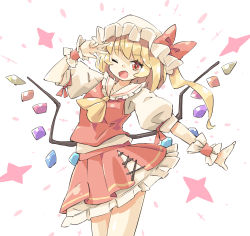 Rule 34 | 1girl, arnest, ascot, blonde hair, blush, bow, cowboy shot, crystal, fang, flandre scarlet, hand up, hat, hat bow, long hair, looking at viewer, mob cap, one eye closed, open mouth, outstretched arm, red bow, red eyes, red skirt, red vest, shirt, short sleeves, side ponytail, simple background, skin fang, skirt, solo, sparkle, touhou, vest, w, white background, white hat, white shirt, wings, wrist cuffs, yellow ascot