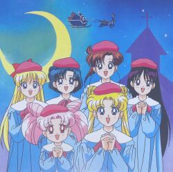 Rule 34 | bishoujo senshi sailor moon, chibi usa, christmas cd, hats, highres, hino rei, kino makoto, mizuno ami, moon, official art, santa claus, tsukino usagi