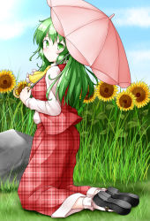 Rule 34 | 1girl, aka tawashi, ascot, black footwear, blush, bobby socks, breasts, closed mouth, day, field, flower, flower field, frills, from side, full body, garden of the sun, green eyes, green hair, highres, holding, holding umbrella, kazami yuuka, kazami yuuka (pc-98), kneeling, long hair, looking at viewer, looking to the side, mary janes, matching hair/eyes, medium breasts, open clothes, open vest, pants, parasol, plaid, plaid pants, plaid skirt, plaid vest, shoe soles, shoes, skirt, skirt set, socks, solo, sunflower, sunflower field, touhou, touhou (pc-98), umbrella, unmoving pattern, vest, white socks