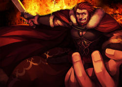 Rule 34 | 1boy, armor, beard, cape, facial hair, fate/stay night, fate/zero, fate (series), highres, hitoto, iskandar (fate), male focus, manly, perspective, red eyes, red hair, short hair, solo, sword, weapon