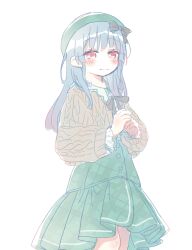 Rule 34 | 1girl, beret, black bow, black ribbon, blue hair, blush, bow, brown cardigan, cable knit, cardigan, cha ipride, closed mouth, feet out of frame, gradient hair, green hat, green skirt, hair bow, hat, high-waist skirt, highres, hyodou shizuku, idoly pride, legs together, long bangs, long hair, long sleeves, looking at viewer, multicolored hair, neck ribbon, open cardigan, open clothes, own hands together, pink hair, plaid, plaid skirt, pleated skirt, red eyes, ribbon, shirt, sidelocks, simple background, skirt, sleeve cuffs, smile, solo, straight hair, white background, white shirt