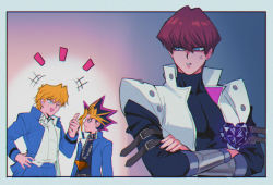 Rule 34 | +++, 3boys, anger vein, black hair, black shirt, blonde hair, blue eyes, blue jacket, blue pants, border, bright pupils, brown hair, buttons, chain, clenched teeth, closed mouth, coat, crossed arms, hand on own hip, jacket, jonouchi katsuya, kaiba seto, male focus, millennium puzzle, multiple boys, notice lines, on (isk1812), open clothes, open jacket, pants, purple hair, shirt, short hair, sleeveless, sleeveless coat, spiked hair, strap, teeth, white coat, white pupils, white shirt, yami yugi, yu-gi-oh!, yu-gi-oh! duel monsters