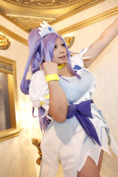 Rule 34 | 1girl, ankle boots, asian, blue eyes, blue hair, boots, bow, bracelet, breasts, choker, chouzuki maryou, cosplay, cure diamond, cure diamond (cosplay), dokidoki! precure, dress, fist pump, headpiece, highres, jewelry, large breasts, long hair, magical girl, matching hair/eyes, photo (medium), plump, ponytail, precure, puffy short sleeves, puffy sleeves, ribbon, short sleeves, solo, tiara