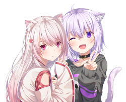 Rule 34 | 2girls, ;d, ahoge, animal ear fluff, animal ears, black sweater, blush, cat ears, cat tail, collar, fang, hair between eyes, hair ornament, hairclip, hand up, highres, hololive, japanese clothes, kemonomimi mode, kimono, light purple hair, long hair, long sleeves, looking at viewer, miko, multiple girls, nekomata okayu, nekomata okayu (1st costume), nijisanji, one eye closed, open mouth, parted lips, purple eyes, red eyes, shiina yuika, shiina yuika (3rd costume), short hair, simple background, smile, sweater, tail, upper body, v, virtual youtuber, white background, white hair, white kimono, wide sleeves, yuuri nayuta