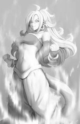Rule 34 | :3, android 21, aura, bandeau, bracelet, detached sleeves, dragon ball, dragon ball fighterz, earrings, greyscale, harem pants, highres, hoop earrings, jewelry, looking at viewer, majin android 21, messy hair, monochrome, mynare, navel, pants, pointy ears, smile, spoilers, stomach, tail, toned