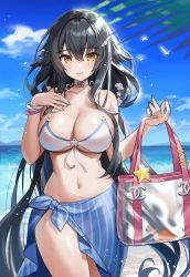 Rule 34 | 1girl, animal ears, azuma (azur lane), azur lane, bag, bare shoulders, beach, bikini, black hair, black nails, blue sky, blush, bracelet, breasts, choker, cleavage, collarbone, duplicate, feet out of frame, hair ornament, hand on breast, highres, holding, holding bag, hyoin, jewelry, large breasts, long hair, looking at viewer, nail polish, navel, ocean, pixel-perfect duplicate, ring, sarong, sky, smile, solo, standing, star (symbol), swimsuit, very long hair, water, white bikini, white choker, yellow eyes