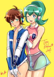 Rule 34 | 1boy, 1futa, bad id, bad pixiv id, blue eyes, bokan brace, briefs, brown hair, bulge, calen (time bokan), copyright name, covering crotch, covering privates, cowboy shot, futa with male, futanari, gloves, green eyes, green hair, headset, jacket, leotard, male underwear, naiya, one eye closed, open clothes, open jacket, ponytail, see-through, signature, simple background, skirt, sleeveless, smile, time bokan (series), time bokan 24, tokio (time bokan), underwear, white briefs, white male underwear, yellow background
