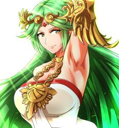 Rule 34 | 1girl, ancient greek clothes, armlet, armpits, bare shoulders, breasts, chiton, cleavage, collarbone, dress, forehead jewel, gold, green eyes, green hair, highres, jewelry, kid icarus, kid icarus uprising, large breasts, laurel crown, long hair, nintendo, palutena, parted bangs, pendant, pendant choker, strapless, strapless dress, to (tototo tk), vambraces, very long hair, white dress
