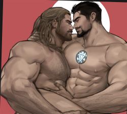Rule 34 | 2boys, abs, arm hair, bara, beard, carrying, carrying person, character request, check character, chest hair, completely nude, couple, dopey (dopq), facial hair, from side, hairy, hand on another&#039;s stomach, happy sex, highres, implied anal, implied sex, large pectorals, male focus, marvel, mature male, medium hair, multiple boys, muscular, muscular male, mustache, nipples, nude, original, out-of-frame censoring, pectoral docking, pectoral press, pectorals, short hair, sideburns, smile, stomach, stubble, thick eyebrows, thighs, thor (marvel), upper body, yaoi