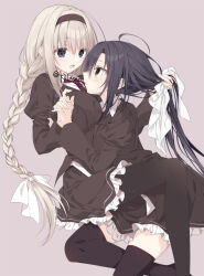 black_hair braid breasts character_request frills hair_between_eyes interlocked_fingers inugami_kira large_breasts long_hair looking_at_another ribbon sakura_no_toki white_ribbon yuri