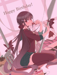 Rule 34 | 1girl, bow, brown hair, cake, cake slice, candy, chocolate, commentary request, danganronpa (series), danganronpa v3: killing harmony, dutch angle, food, fork, fruit, hair ornament, hairclip, hands up, happy birthday, harukawa maki, highres, holding, holding food, knife, long hair, long sleeves, looking at viewer, low twintails, mole, mole under eye, nail polish, open mouth, oversized food, oversized object, plaid, plaid skirt, plate, pleated skirt, red bow, red eyes, red nails, red scrunchie, red shirt, red thighhighs, school uniform, scrunchie, seiza, shirt, sitting, skirt, solo, strawberry, striped, striped bow, thighhighs, twintails, very long hair, yoshi taka (y 04taka), zettai ryouiki