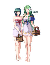 Rule 34 | 2girls, alternate hairstyle, bare shoulders, barefoot, basket, blue eyes, blue hair, braid, breasts, bucket, byleth (female) (fire emblem), byleth (fire emblem), cleavage, closed mouth, conope, feet, female focus, fire emblem, fire emblem: three houses, flower, full body, green eyes, green hair, hair flower, hair ornament, holding, large breasts, long hair, matching hair/eyes, multiple girls, naked towel, nintendo, rhea (fire emblem), simple background, smile, standing, toes, towel, twin braids, twitter username, white background, wooden bucket