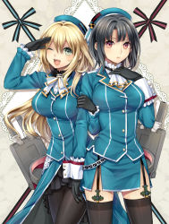 Rule 34 | 10s, 2girls, aircraft, airplane, arm hug, atago (kancolle), bad id, bad pixiv id, black hair, black legwear, black skirt, blonde hair, breasts, garter straps, gloves, green eyes, hat, highres, kantai collection, kiiroink, large breasts, looking at viewer, machinery, multiple girls, one eye closed, pantyhose, personification, red eyes, ribbon, salute, skirt, takao (kancolle), thighhighs, turret, uniform, wink