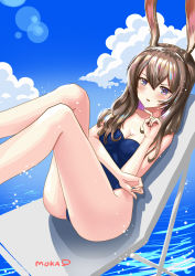 Rule 34 | 1girl, absurdres, amiya (arknights), animal ears, arknights, artist name, bare legs, blue eyes, blue one-piece swimsuit, blue sky, blush, breasts, brown hair, cleavage, cloud, commentary, day, feet out of frame, hair between eyes, hand up, highres, knees up, long hair, looking at viewer, medium breasts, one-piece swimsuit, outdoors, parted lips, rabbit ears, sitting, sky, solo, strapless, strapless one-piece swimsuit, swimsuit, team moka, thighs, water