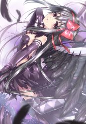 Rule 34 | 1girl, akemi homura, akuma homura, arched back, argyle, argyle clothes, argyle legwear, black dress, black feathers, black gloves, black hair, blurry, blurry foreground, bow, breasts, commentary, commission, depth of field, dress, elbow gloves, feathers, gloves, grey thighhighs, hair bow, hair ribbon, highres, kuroi mimei, long hair, looking at viewer, looking back, mahou shoujo madoka magica, mahou shoujo madoka magica: hangyaku no monogatari, parted lips, purple eyes, red bow, red ribbon, ribbon, short dress, skeb commission, small breasts, smile, solo, standing, thighhighs