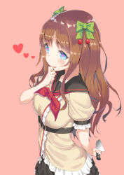 Rule 34 | .live, 1girl, :p, arm behind back, black sailor collar, black skirt, blue eyes, blush, bow, brown background, brown hair, brown shirt, closed mouth, commentary request, fingernails, flower-shaped pupils, frilled shirt, frills, green bow, hair bow, hand up, heart, highres, holding, holding knife, jonsun, kakyouin chieri, knife, long hair, nail polish, neckerchief, pink nails, red neckerchief, sailor collar, school uniform, serafuku, shirt, simple background, skirt, solo, symbol-shaped pupils, tongue, tongue out, very long hair, virtual youtuber