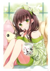 Rule 34 | 1girl, absurdres, barefoot, border, bow, brown hair, closed mouth, cup, dress, feet out of frame, gochuumon wa usagi desu ka?, green eyes, green hairband, hair bow, hairband, highres, holding, holding cup, holding own hair, koi (koisan), long hair, looking at viewer, off-shoulder sweater, off shoulder, print bow, print sweater, sitting, smile, solo, stuffed animal, stuffed toy, sweater, sweater dress, ujimatsu chiya, white border