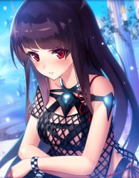 Rule 34 | bikini, black hair, black killers (phantom of the kill), blush, bracelet, breasts, candle, cleavage, eyes visible through hair, fire, fishnet fabric, fishnet top, fishnets, fire, game cg, halterneck, highres, jewelry, looking at viewer, masamune (phantom of the kill), medium breasts, phantom of the kill, pillar, plant, red eyes, serious, single sleeve, straight hair, swimsuit, vines