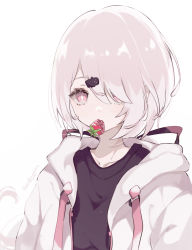 Rule 34 | 1girl, black shirt, captain yue, collarbone, drawstring, food, food in mouth, fruit, grey hair, hair ornament, hair over one eye, hairclip, hood, hood down, hooded jacket, jacket, long hair, mouth hold, nijisanji, open clothes, open jacket, red eyes, shiina yuika, shirt, simple background, solo, strawberry, twitter username, upper body, virtual youtuber, white background, white jacket