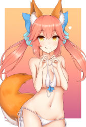 Rule 34 | 10s, 1girl, absurdres, animal ear fluff, animal ears, bad id, bad pixiv id, bikini, blue ribbon, blush, breasts, cleavage, collarbone, fate/extra, fate/grand order, fate (series), fox ears, fox tail, gradient background, groin, hair ribbon, heart, highres, large breasts, looking at viewer, navel, pink hair, rachione, ribbon, solo, swimsuit, tail, tamamo (fate), tamamo no mae (fate/extra), tongue, topless, white bikini, yellow eyes