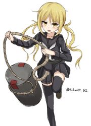 Rule 34 | 10s, 1girl, black serafuku, black skirt, black thighhighs, blonde hair, blush, drum (container), fang, highres, kantai collection, leg up, looking at viewer, low twintails, md5 mismatch, neckerchief, open mouth, pleated skirt, resized, rope, sailor collar, satsuki (kancolle), school uniform, serafuku, simple background, skirt, solo, thighhighs, twintails, twitter username, white background, yakob labo, yellow eyes