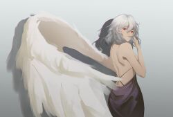 Rule 34 | 1girl, aleng, backless dress, backless outfit, bare shoulders, bird wings, breasts, commentary request, dress, feathered wings, from behind, gradient background, grey background, grey hair, highres, kishin sagume, looking at viewer, looking back, medium breasts, medium hair, purple dress, red eyes, sideboob, single wing, solo, touhou, white wings, wings