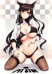 Rule 34 | 1girl, animal ear fluff, animal ears, atago (azur lane), atago (stunning speedster) (azur lane), azur lane, bikini, black bikini, black hair, black thighhighs, blush, breasts, brown eyes, brown thighhighs, checkered background, cleavage, commentary request, extra ears, full body, hair between eyes, hair ribbon, high heels, highres, ibara azuki, large breasts, long hair, looking at viewer, mole, mole under eye, navel, race queen, ribbon, smile, solo, squatting, stomach, swimsuit, thighhighs, thighs, two-tone bikini, underboob, very long hair, white footwear, white ribbon, wolf ears, wrist cuffs, yellow eyes