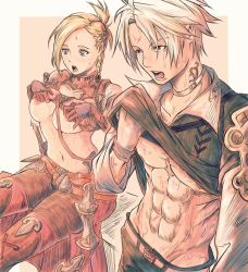 Rule 34 | 1boy, 1girl, abs, asymmetrical hair, belt, blonde hair, blue eyes, braid, breasts, brown eyes, choker, clothes lift, final fantasy, final fantasy xiv, gloves, grey hair, gusty10rk, hand up, hands up, highres, hot, hyur, large breasts, layered sleeves, lifted by self, long sleeves, medium hair, minfilia warde, navel, neck tattoo, nipples, no bra, open mouth, pants, pectorals, shirt lift, short hair, short over long sleeves, short sleeves, side braid, sitting, stomach, sweat, tattoo, thancred waters, toned, undressing