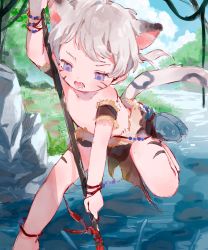 Rule 34 | 1boy, animal ears, bare legs, bare shoulders, cat boy, cat ears, cat tail, commentary, english commentary, fish, fishing, highres, loincloth, looking down, male focus, morning, nemui (nemuriyagi), original, outdoors, polearm, purple eyes, solo, spear, tail, tattoo, tribal, water, weapon