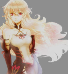 Rule 34 | 1girl, bare shoulders, blonde hair, breasts, elbow gloves, gloves, grey background, long hair, milla (fractured), red eyes, skirt, smile, tales of (series), tales of xillia, tales of xillia 2