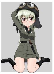 Rule 34 | 1girl, anchovy (girls und panzer), anzio military uniform, arm support, arm up, belt, bespectacled, black-framed eyewear, black belt, black footwear, black headwear, black shirt, boots, braid, braided ponytail, breast pocket, breasts, brown eyes, commentary, dress shirt, full body, girls und panzer, glasses, goggles, goggles on headwear, green hair, grey background, grey jacket, grey skirt, hand on headwear, helmet, jacket, kayabakoro, knee boots, knife, leaning back, long hair, long sleeves, looking at viewer, medium breasts, military uniform, miniskirt, pocket, red eyes, rimless eyewear, round eyewear, shirt, single braid, sitting, skirt, solo, uniform, wariza, wing collar