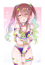 Rule 34 | 1girl, bare shoulders, bikini, blue nails, blush, bracelet, breasts, brown hair, cleavage, commentary request, detached collar, flip (diiolive), gradient hair, hair ornament, hairclip, highres, idolmaster, idolmaster shiny colors, jewelry, large breasts, long hair, looking at viewer, markings, multicolored hair, nail polish, osaki tenka, open mouth, rainbow hair, ring, solo, swimsuit, thighs, twintails, yellow eyes