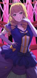 Rule 34 | 1girl, absurdres, aftamc, blonde hair, blue bow, blunt bangs, bow, commentary request, dress, dress bow, drill hair, elbow gloves, frilled dress, frills, gloves, green eyes, heanna sumire, highres, jewelry, looking at viewer, love live!, love live! superstar!!, necklace, puffy short sleeves, puffy sleeves, short sleeves, smile, solo, white gloves, yellow bow