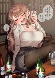 Rule 34 | 1girl, :d, alcohol, arm support, bag, beer bottle, beer mug, black pantyhose, blush, breasts, brown hair, cleavage, closed eyes, collarbone, commentary request, cup, drinking glass, drunk, grey skirt, handbag, highres, kodama&#039;s elder sister (sakura yuki), large breasts, long hair, long sleeves, mug, office lady, open mouth, original, pantyhose, pencil skirt, plaid, plaid skirt, sakura yuki (clochette), shot glass, sitting, skirt, smile, solo, speech bubble, table, thighs, translation request, v-shaped eyebrows