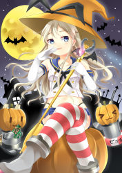 Rule 34 | &gt; &lt;, 10s, 1girl, absurdres, bat (animal), blonde hair, blue eyes, closed eyes, elbow gloves, full moon, gloves, halloween, hat, hayasit, highres, jack-o&#039;-lantern, kantai collection, lifebuoy, long hair, miniskirt, moon, navel, pumpkin, rensouhou-chan, sailor collar, shimakaze (kancolle), silhouette, sitting, skirt, smile, solo, staff, striped clothes, striped thighhighs, swim ring, thighhighs, translation request, wars-ma, witch hat, yellow moon
