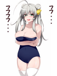 Rule 34 | 1girl, :d, ahoge, alternate hairstyle, bare shoulders, blush, breasts, chance maker, cleavage, competition school swimsuit, covered navel, crossed arms, double bun, green eyes, hair bun, haiyore! nyaruko-san, highres, huge ahoge, large breasts, long hair, looking at viewer, nyarlathotep (nyaruko-san), one-piece swimsuit, open mouth, pussy juice, school swimsuit, silver hair, simple background, smile, solo, strap slip, swimsuit, thighhighs, translated, twintails, white background, white thighhighs