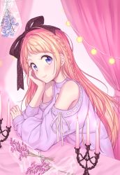Rule 34 | 1girl, bag, black ribbon, blonde hair, braid, candle, candlestand, clothing cutout, curtains, flower, hair ribbon, head rest, highres, jewelry, long hair, long sleeves, looking at viewer, original, pink curtains, pink flower, purple eyes, purple shirt, ribbon, ribbon-trimmed sleeves, ribbon trim, ring, shirt, shoulder cutout, side braid, sleeves past wrists, smile, solo, umeno, white ribbon